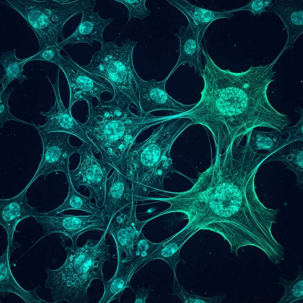 Fluorescence microscopy of human cells, visualizing cellular aging