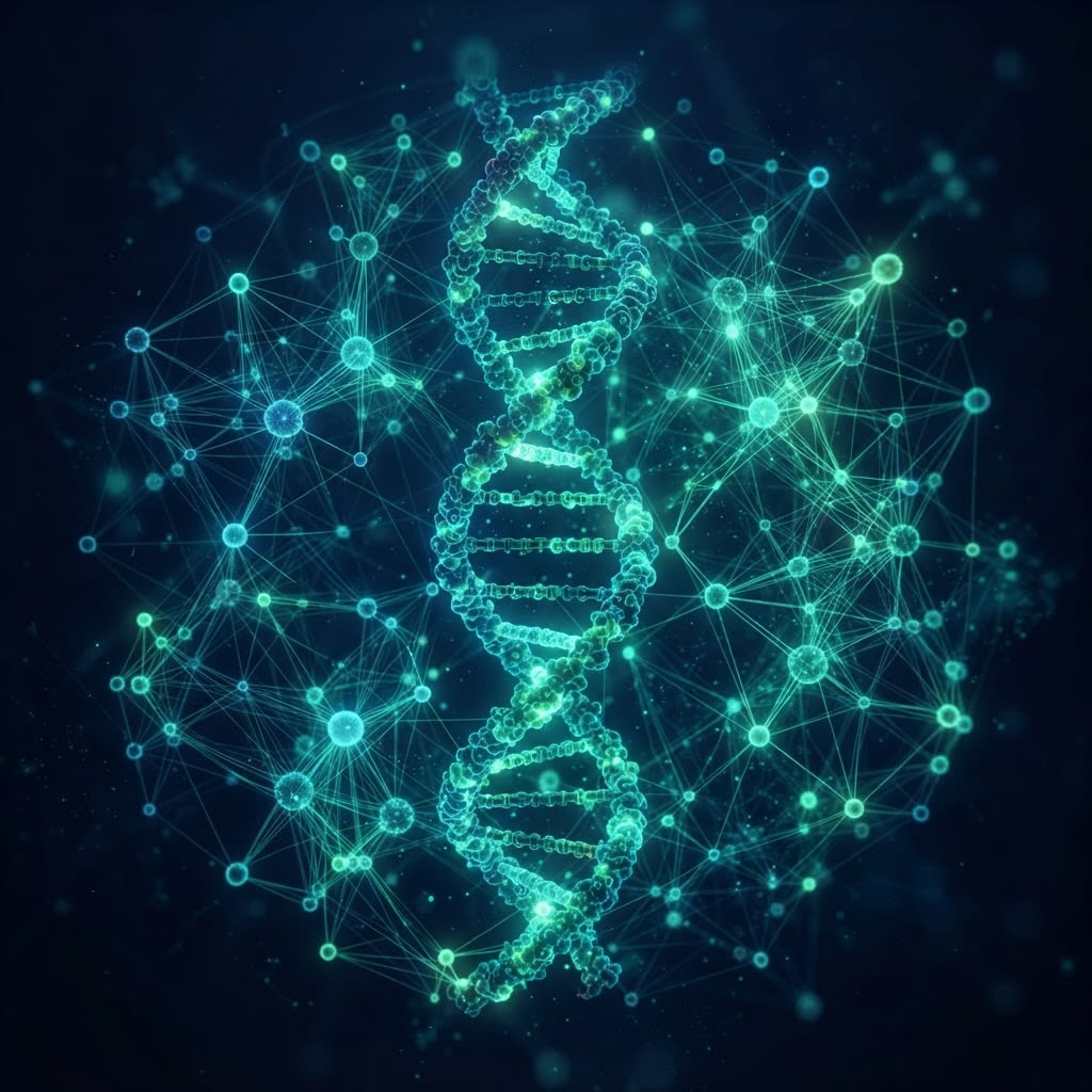 Glowing DNA helix surrounded by a network of biological connections