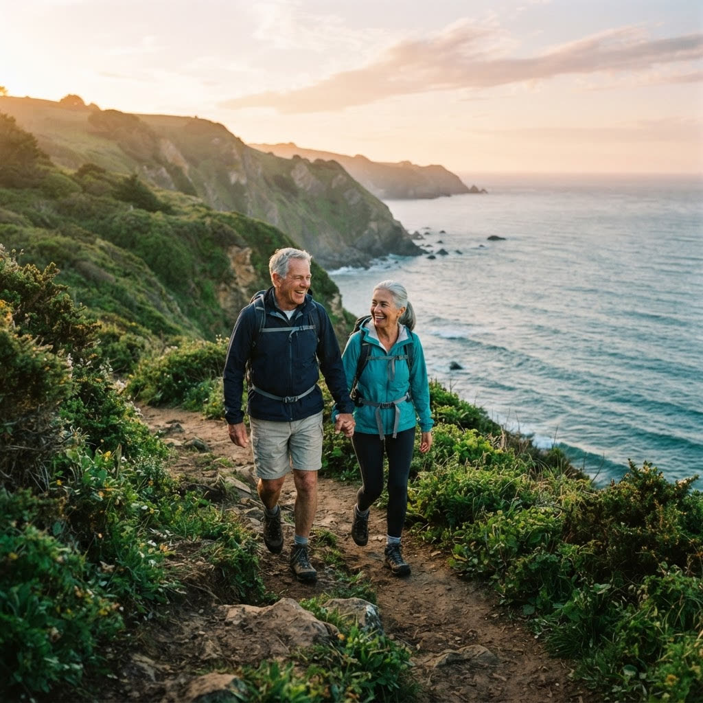 Active older couple hiking at sunrise, embodying healthy longevity