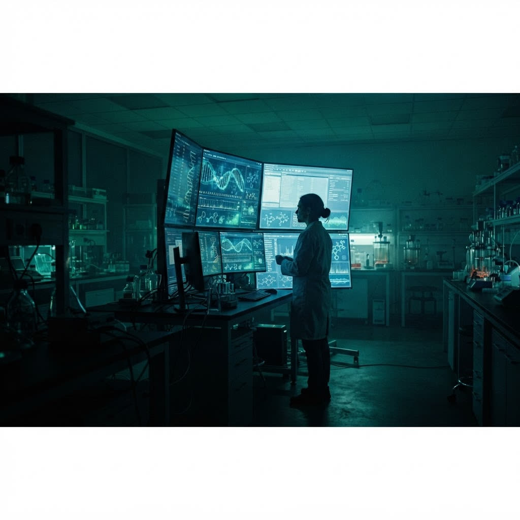 Scientist studying biological data on glowing screens in a laboratory at night